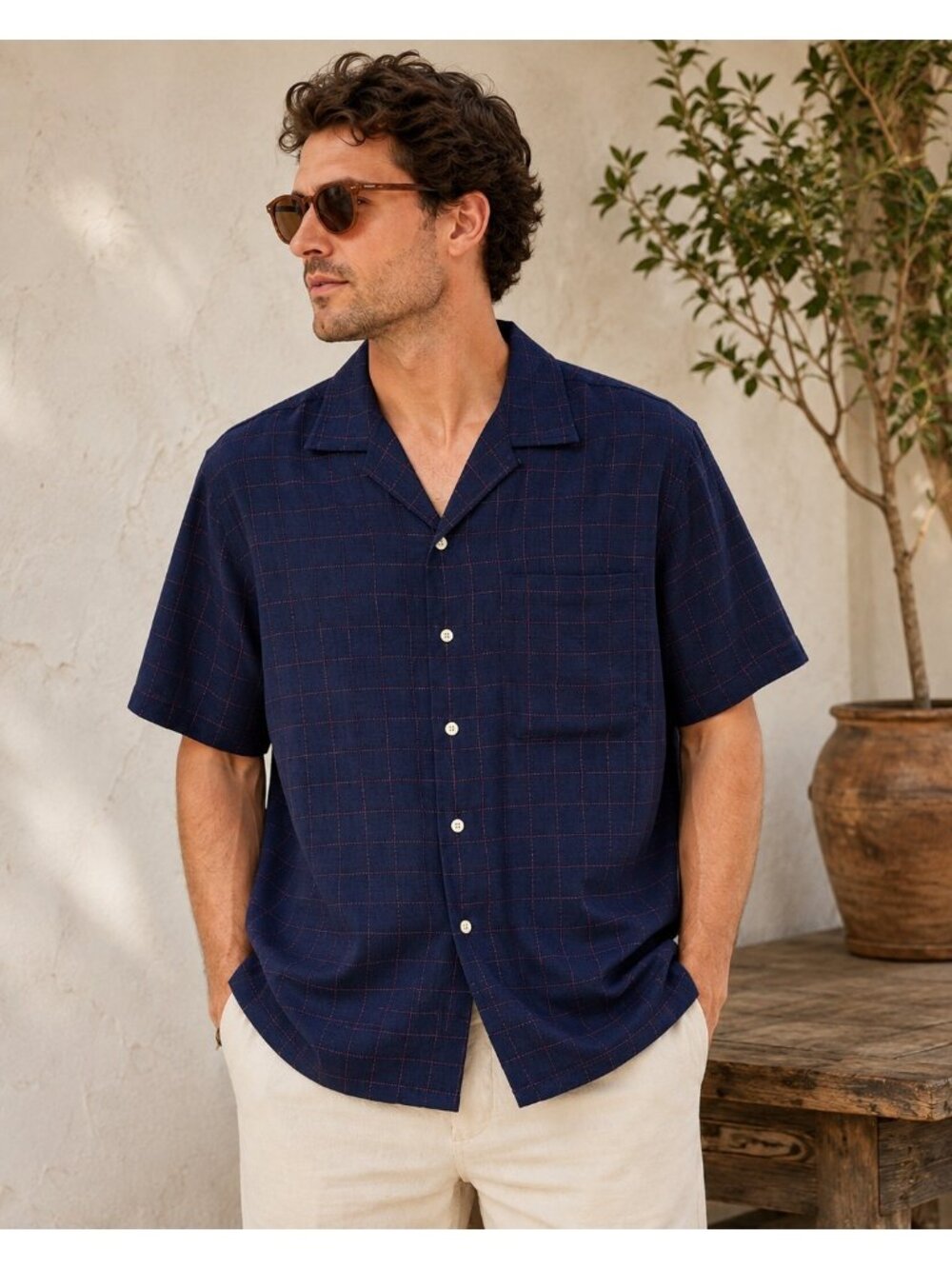 Austin Reed London Men’s M Linen Cotton Navy Red Windowpane Camp Collar Shirt
